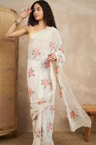 White floral chikankari  georgette saree