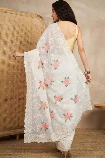 White floral chikankari  georgette saree