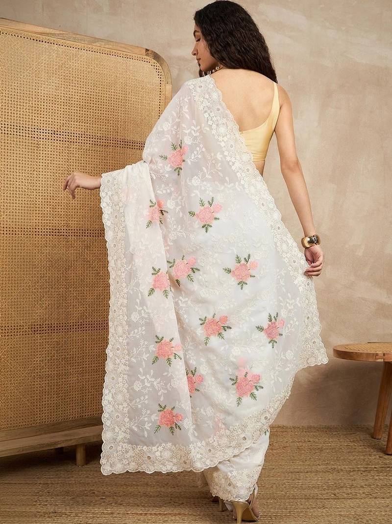 White floral chikankari  georgette saree