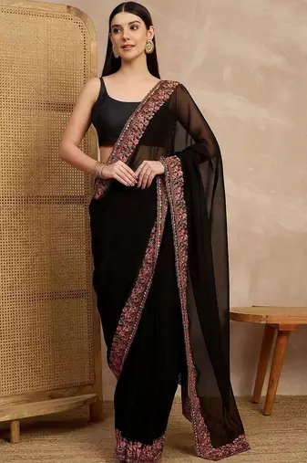 Black floral embroidered  georgette heavy work saree
