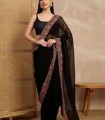 Black floral embroidered  georgette heavy work saree