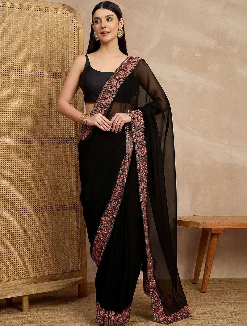 Black floral embroidered  georgette heavy work saree