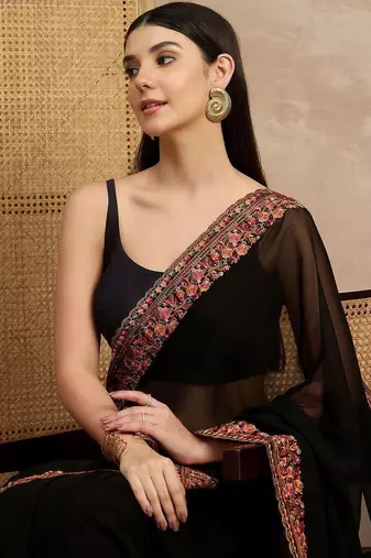 Black floral embroidered  georgette heavy work saree