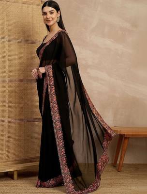 Black floral embroidered  georgette heavy work saree 3