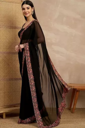 Black floral embroidered  georgette heavy work saree