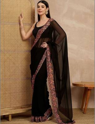 Black floral embroidered  georgette heavy work saree 4