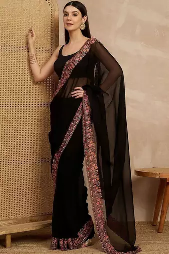 Black floral embroidered  georgette heavy work saree