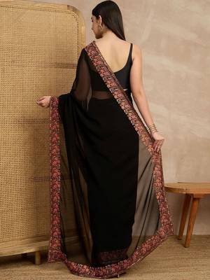 Black floral embroidered  georgette heavy work saree 5