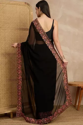 Black floral embroidered  georgette heavy work saree