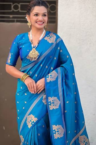 Blue floral zari silk blend designer banarasi saree