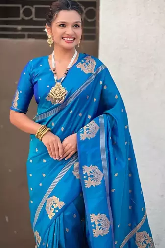 Blue floral zari silk blend designer banarasi saree