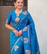 Blue floral zari silk blend designer banarasi saree