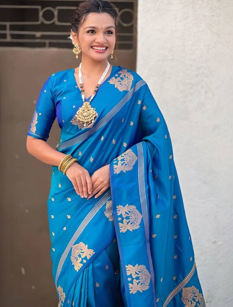 Blue floral zari silk blend designer banarasi saree