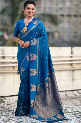 Blue floral zari silk blend designer banarasi saree