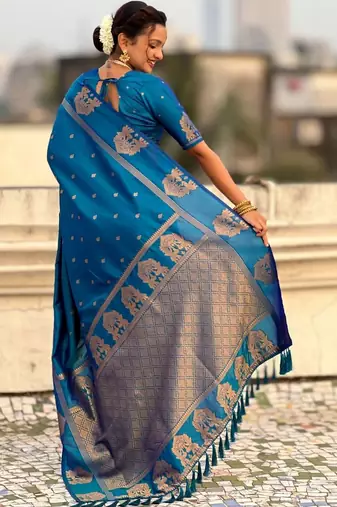 Blue floral zari silk blend designer banarasi saree