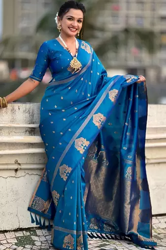 Blue floral zari silk blend designer banarasi saree
