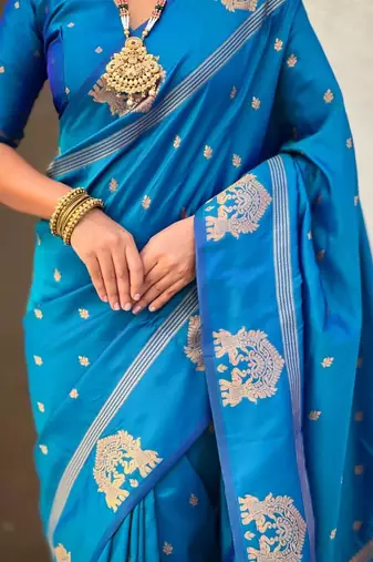 Blue floral zari silk blend designer banarasi saree