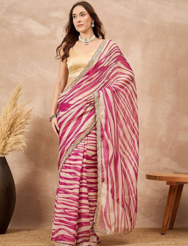 Pink striped sequinned  chiffon designer saree
