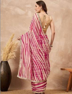 Pink striped sequinned  chiffon designer saree 2