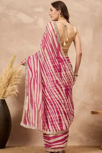 Pink striped sequinned  chiffon designer saree