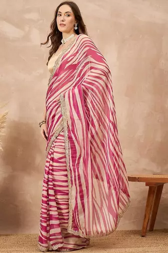 Pink striped sequinned  chiffon designer saree