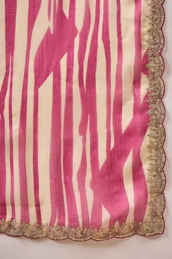 Pink striped sequinned  chiffon designer saree