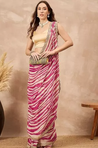 Pink striped sequinned  chiffon designer saree