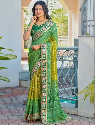 Green bandhani embroidered poly chiffon designer bandhani saree 1