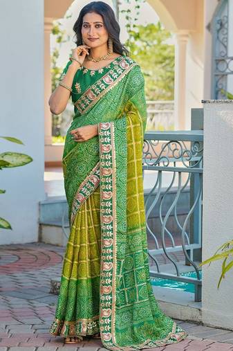 Green bandhani embroidered poly chiffon designer bandhani saree