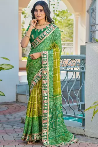 Green bandhani embroidered poly chiffon designer bandhani saree