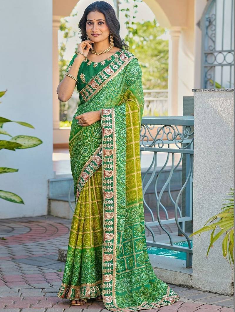 Green bandhani embroidered poly chiffon designer bandhani saree