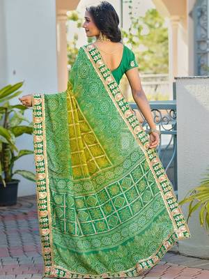Green bandhani embroidered poly chiffon designer bandhani saree 2