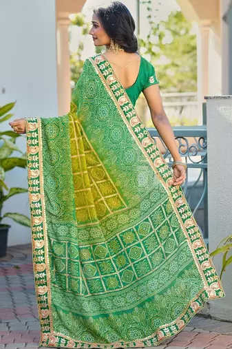 Green bandhani embroidered poly chiffon designer bandhani saree