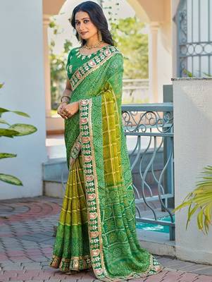 Green bandhani embroidered poly chiffon designer bandhani saree 3