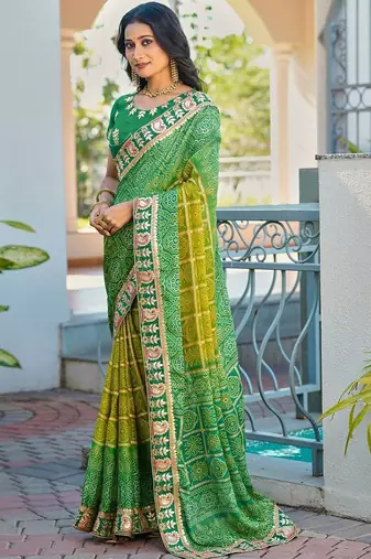 Green bandhani embroidered poly chiffon designer bandhani saree