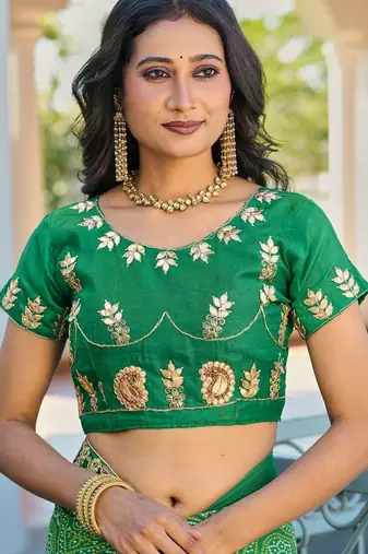 Green bandhani embroidered poly chiffon designer bandhani saree