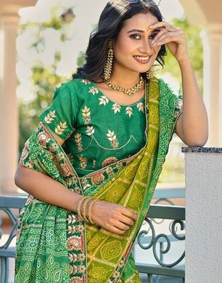 Green bandhani embroidered poly chiffon designer bandhani saree 5