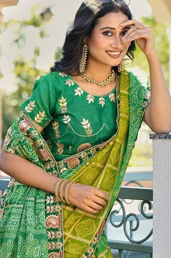 Green bandhani embroidered poly chiffon designer bandhani saree