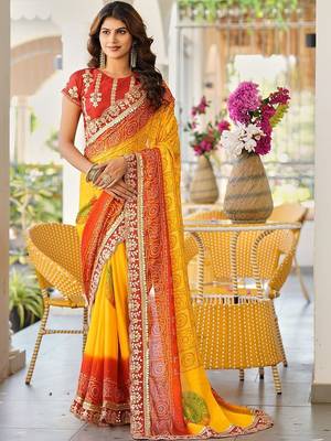 Yellow bandhani embroidered poly chiffon designer bandhani saree 1
