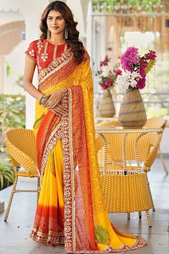 Yellow bandhani embroidered poly chiffon designer bandhani saree