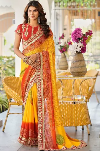 Yellow bandhani embroidered poly chiffon designer bandhani saree