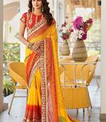 Yellow bandhani embroidered poly chiffon designer bandhani saree
