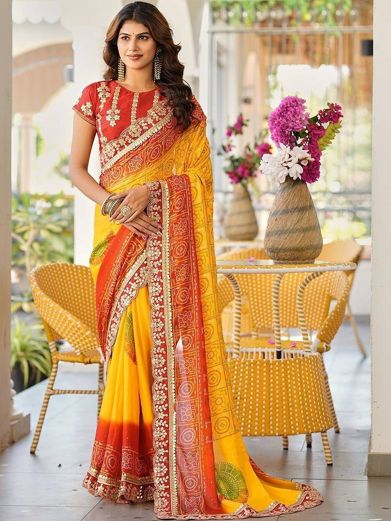 Yellow bandhani embroidered poly chiffon designer bandhani saree