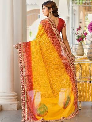 Yellow bandhani embroidered poly chiffon designer bandhani saree 2