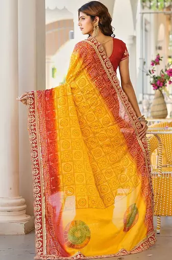 Yellow bandhani embroidered poly chiffon designer bandhani saree