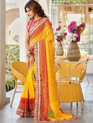 Yellow bandhani embroidered poly chiffon designer bandhani saree 3