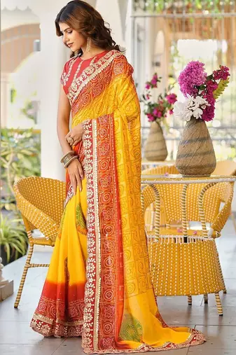 Yellow bandhani embroidered poly chiffon designer bandhani saree