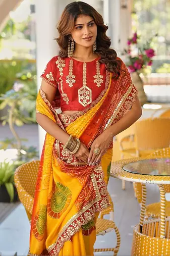Yellow bandhani embroidered poly chiffon designer bandhani saree