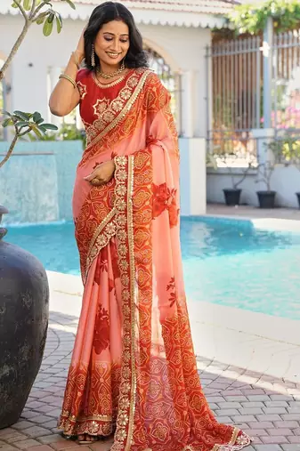 Peach bandhani embroidered poly chiffon designer bandhani saree