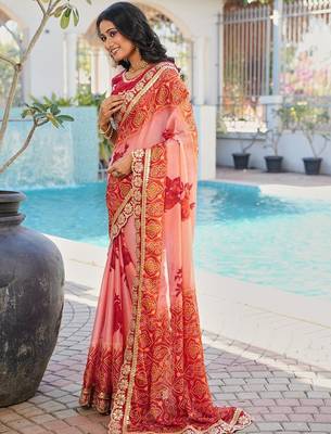Peach bandhani embroidered poly chiffon designer bandhani saree 3